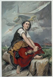 Jeanne hoort haar hemelse stemmen: de aartsengel Sint-Michiel, Sint-Catharina en Sint-Margaretha bevalen haar naar Frankrijk te gaan om de koning te helpen en verzekerden haar dat God haar zou helpen - in 