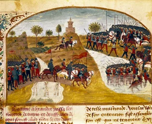 Koning Alexander de Grote en zijn leger passeren de Tigris en de Eufraat