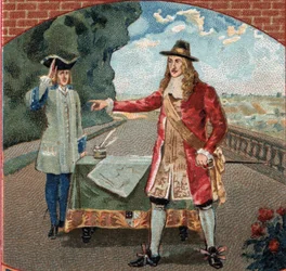 Koning Jacobus II van Engeland (James II Stuart) (1633-1701) tijdens zijn verblijf in het kasteel van Saint-Germain-en-Laye. Chromolithografie uit de late 19e eeuw
