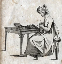 Breimachine: vrouw bezig met het breien van wol. Gravure eind 18e eeuw. Privécollectie.