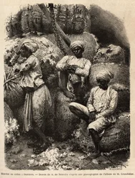 Les ouvriers Parsi au repos, au marché au coton de Bombay. Gravure ter illustratie van de reis in de zuidelijke provincies van India, door Alfred Grandidier, in 1862-1864, gepubliceerd in 