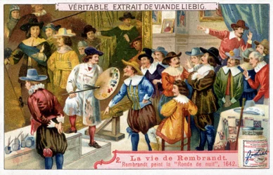 Liebig chromolithografie over het leven van Rembrandt (1606 - 1669), Nederlandse schilder. Hier de nachtwacht in 1642.