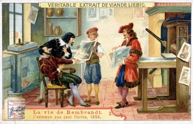Liebig chromolithografie over het leven van Rembrandt (1606 - 1669) Nederlandse schilder. Dit is de 100 guldenprent in 1654.