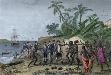 Louis Antoine (Louis-Antoine) van Bougainville, Franse navigator (1729-1811), op weg naar de eilanden van de Markiezen in Tahiti, 6 april