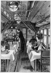 Luxe treinen in Europa: binnenaanzicht van een restauratiewagon. Gravure in 