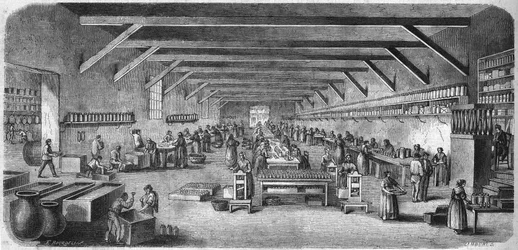 Fabricage van mosterd en conserven bij Louit freres in Bordeaux. Flessen- en verpakkingsruimte (gravure uit 1865)