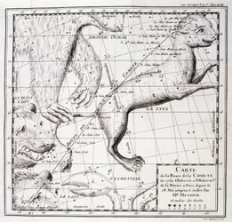 Kaart van de komeetweg van 1762 en kaart van de hemel, waargenomen door Messier - gravure