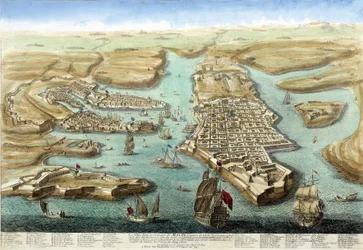 Kaart van de haven van Malta, zijn vestingwerken en het kasteel. 18e-eeuwse gravure.