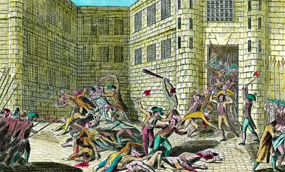 Bloedbad van de gevangenen van de Abdij van Saint Germain door het volk in september 1792. Scène van de Franse revolutie. Gravure uit de 18e eeuw. Privécollectie.