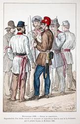 Montagnards (1848), een groep strijders, van wie er een de Frygische muts en de revolutionaire kokarde draagt. Kleurenets, reproductie van een tekening uitgevoerd op verzoek van Alexandre Ledru-Rollin (1807-1874) op de binnenplaats