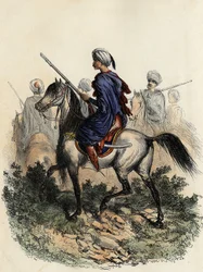 Moorse gendarmes (of veldwachters) belast met de plattelandspolitie van Algiers, opgeleid in 1831. In „L