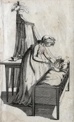 Moeder en baby in een wieg. Gravure eind 18e eeuw. Privécollectie