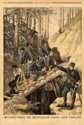Bergmanoeuvre in de Vogezen van een bataljon alpine jagers met een verzoek om een schlitte, slee voor houtkap. Gravure in "Le petit journal" 19/07/1896. Selva