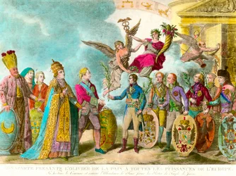 Napoleon Bonaparte presenteert de olijfboom van vrede aan alle machten van Europa. Gravure 1801