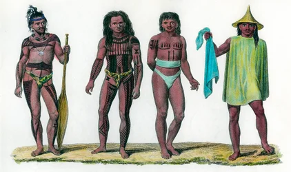 Natuurlijke eilanden van Iros Penelap en Aouara, bevolking van het Oceanische continent. 18e eeuw gravure