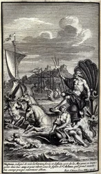 Neptunus, verontwaardigd over het zien van de Griekse krachten en daden, verlaat de zee om zich naar hun kamp te begeven en hun bijna volledig vernietigde moed op te wekken onder de gedaante van Calchas die hij dan aanneemt. Illustratie van boek XIII van d