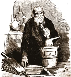 Nicolas Flamel (1330 - 1418) in zijn laboratorium.