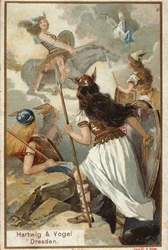 Noorse mythologie: de Walkuren (krijgsmaagden) in Valholl (of Walhalla, Valhalla, Valhalle: plaats waar dappere krijgers worden gebracht) en de val van krijgers in de strijd. Chromolithografie uit de 19e eeuw
