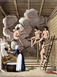 Naakte personages in een Finse sauna. Gravure uit 1811 bevat een boek over de reis.