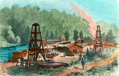 Oliebronnen bij Tarr Farm in Pennsylvania, VS
