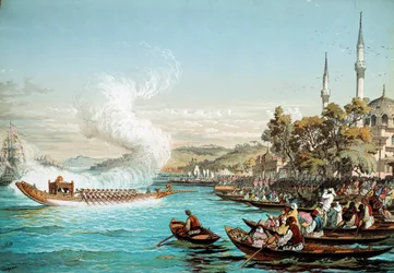 Ottomaanse Rijk: maritiem feest in Constantinopel. Lithografie uit de 19e eeuw. Bibliotheek van Decoratieve Kunsten, Parijs