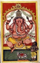 Pagina met de hindoeïstische godheid Ganesha (Ganesh of Ganapati), beschermheilige van handelaren, reizigers en dieven. Pagina uit het manuscript (ms.8300) 