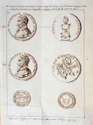 Pagina uit Il melone, discorso armonico, met portretten van de auteur, Ercole Bottrigari (gravure)