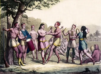 Feestscène onder de Iroquois Indianen. 17e-eeuwse gravure.