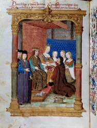 Pedro Marcuello presenteert zijn boek aan koning Filips I van Habsburg en koningin Johanna I van Castilië