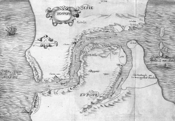 Plan van de Straat van Constantinopel (nu de Straat van Bosporus) - in "Reis naar het oosten gemaakt in opdracht van de koning in het jaar 1621", uitgegeven in 1629 (onder het bewind van Lodewijk XIII de Rechtvaardige)