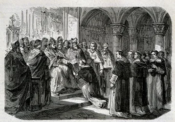 Paus Adrianus II (792-872) overhandigde een van zijn legaten een excommunicatiebul tegen Heer Normand. Gravure - in 