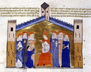 Paus Johannes XXII van Avignon ontvangt van de auteur het apparaat van Clemens V (Schisma). 15e-eeuws manuscript. Bibl. Nazionale Braidense, Milaan