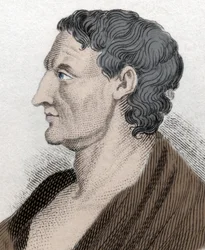 Portret van Aristoteles, bekend als de Stagiriet, in het Grieks Aristoteles, Griekse filosoof (384 v.Chr. tot 322 v.Chr.). Gravure uit de 19e eeuw.
