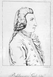 Portret van Baldassare Galuppi. Italiaanse componist (1706 tot 1785) Venetiaanse gravure uit de late 18e eeuw