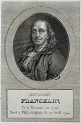 Portret van Benjamin Franklin, Amerikaanse politicus en natuurkundige (1706-1790)