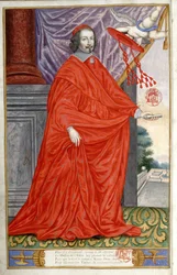 Portret van kardinaal Jules Mazarin (Giulio Raimondo Mazzarino of Mazarino) (1602-1661). Portret geschilderd op perkament in Jean Puget de La Serre, Panegyric van de illustere mannen van onze tijd. 1655