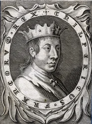 Portret van Chilperic II (ca. 670 - 721), koning van Neustrië. Gravure van de 18e eeuw.