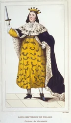 Portret van Claude, Louis, Hector, Hertog van Villars, Maarschalk van Frankrijk in kostuum door Connetable (1653-1734) gravure van 1830