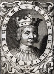 Portret van Clovis III (? - 695), Koning van Austrasië. Gravure uit de 18e eeuw