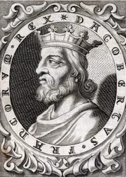Portret van Dagobert I (? - 639), koning van de Franken, Dynastie van de Merovingen. Gravure van de 18e eeuw