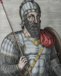 Portret van Godfried van Bouillon (1040/61-1100), Frankisch ridder, een van de leiders van de Eerste Kruistocht - Gravure 16e eeuw