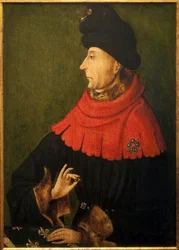 Portret van Jean Sans Peur, hertog van Bourgondië (1371-1419). De ring die hij in zijn hand houdt is de robijn van Bourgondië, gekocht door Filips de Stoute in 1397, die werd bewaard in de abdij van Saint Benigne in Dijon en door de abt aan elke nieuwe her