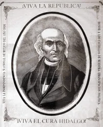 Portret van Miguel Hidalgo y Costilla (1753 - 1811), Mexicaanse priester (in 1810 riep hij de onafhankelijkheid van zijn land uit). Gravure ter ere van hem aan het einde van de 19e eeuw