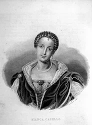 Portret van de Venetiaanse Bianca Cappello, vrouw van François de Medici. Gravure uit de 19e eeuw.