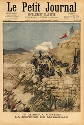 Herinnering aan de verdediging van Mazagran, slag van 3 tot 6 februari 1840, tegen het leger van meer dan 10.000 man onder leiding van Abd el Kader, het Franse bataljon van Kapitein Lelievre behaalde de overwinning. Gravure in "Le petit journal" 6/12/1896.
