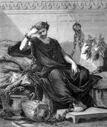 Afbeelding van Damocles geketend tussen de spijzen van het feest waarbij Denys de Oudere een zwaard boven zijn hoofd liet hangen om hem de kwetsbaarheid van geluk te tonen. Gravure uit de 19e eeuw