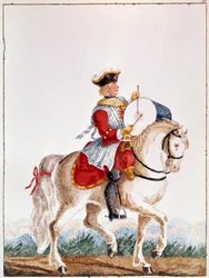 Voorstelling van een Franse musketier uit de periode van Lodewijk XV. Gouache uit de 18e eeuw Parijs, B.N.
