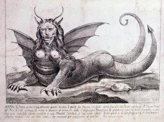Voorstelling van een harpij, een monster gevonden in een Peruaans meer