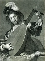 Voorstelling van een luitspeler die zijn instrument stemt.