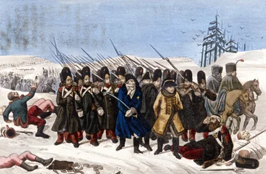 Terugtrekking van het Franse leger uit Moskou in 1812. Gravure 19e eeuw.